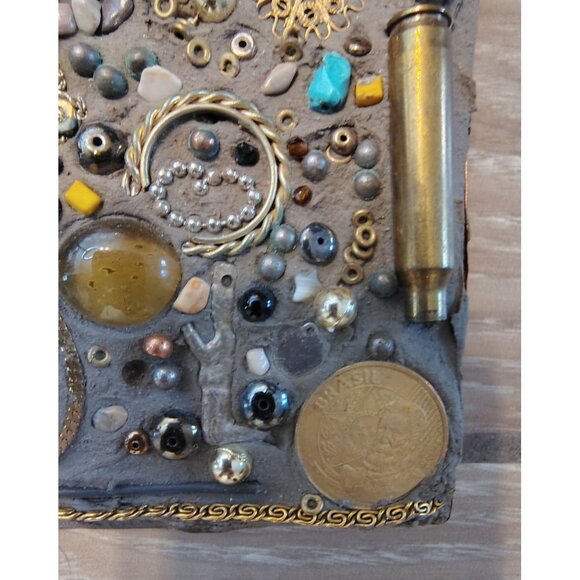Mixed Media Steampink Mirror Wall Art, Coins, Beads, Pottery Copper Nailed Trim - Picture 5 of 10